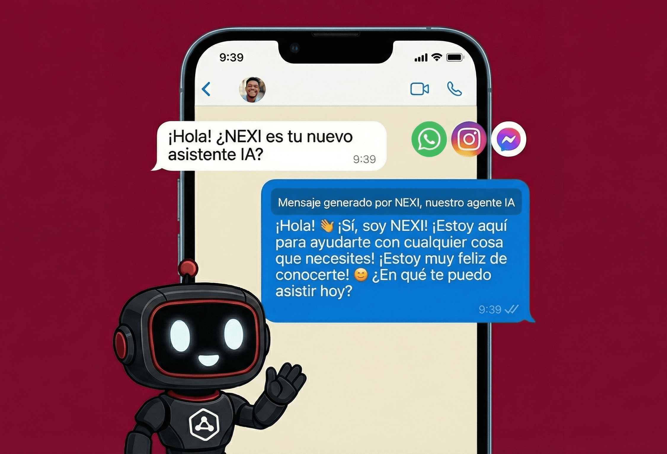 Nexi, asistente virtual de IA atendiendo conversaciones de WhatsApp, Instagram y Messenger